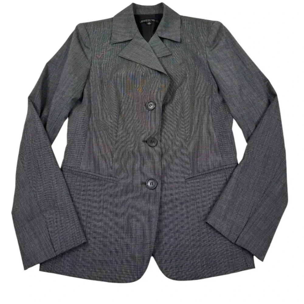 Lafayette 148 Gray Pinstriped Lined Wool Blend Blazer Jacket